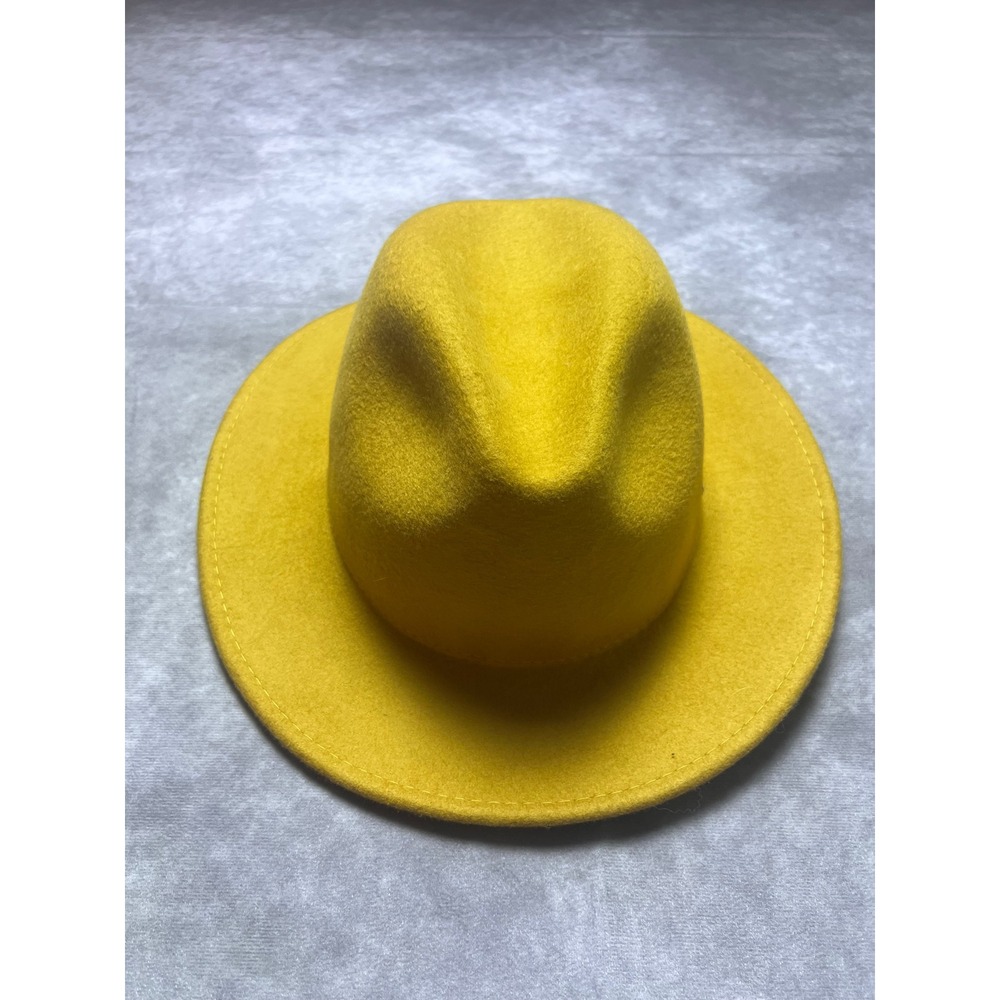 Gigi Pip Fedora Hat Women Medium Yellow 100% Wool Flat Brim Pinched Crown